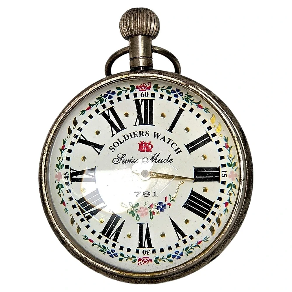 781 Soldiers Watch Silver Floral Pocket Ball Globe Desk Quartz Timepiece Swiss